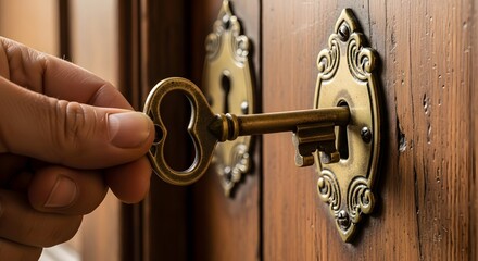 Hand inserting a vintage key into an ornate keyhole on a wooden door with brass hardware detail
