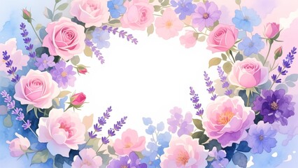 Soft Watercolor Floral Frame with Delicate Pink Roses and Purple Lavender, Ideal for Romantic Event Invitations, Elegant Stationery, or Decorative Backgrounds
