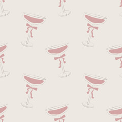 Coquette Bow Champagne Glass Seamless Pattern – Cute Pink Retro Party Texture