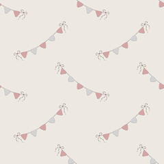 Coquette Party Bunting Seamless Pattern with Pastel Flags and Bows