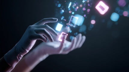 Human hands touching floating futuristic digital interface screens with glowing icons