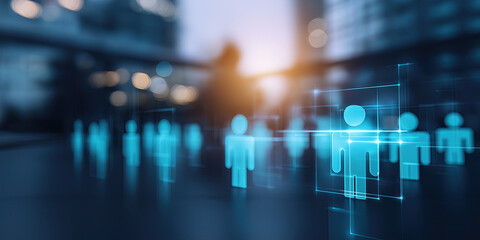 Glowing digital human icons overlay urban business scene representing modern workforce analytics technology platform.