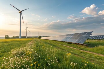 Wind turbines and solar panels generating clean energy outdoors