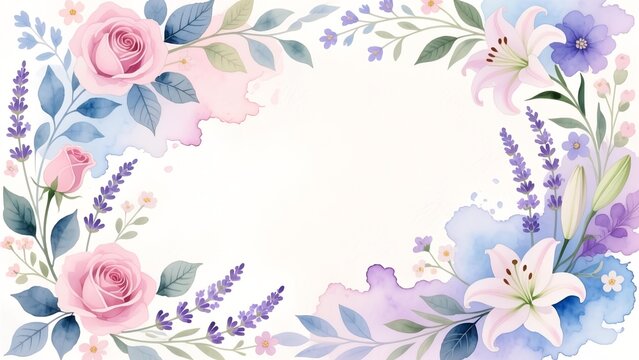 Watercolor Floral Frame with Roses, Lilies, and Lavender - Powered by Adobe