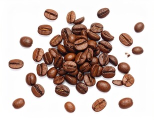 Roasted Coffee Beans Scattered on White Background