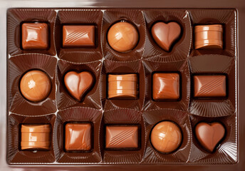An open box of chocolates top view. Assorted milk chocolate, praline and dark chocolate