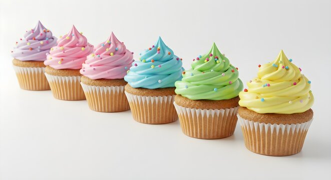 Delicious cupcakes with pastel frosting and colorful sprinkles arranged in a cheerful row - Powered by Adobe