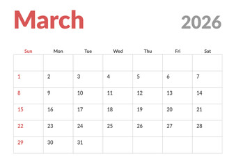 Monthly page Calendar Planner Template design of March 2026. Vector layout of calendar with week start Sunday for Scheduling. Page for size A4 or 21x29.7 cm