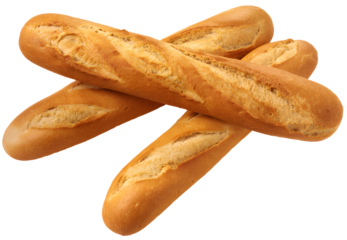 Three freshly baked baguettes isolated on transparent background