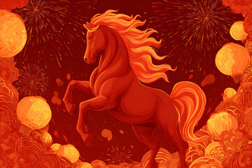 Dynamic red fire horse with fireworks and lanterns for New Year celebration