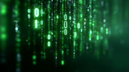 Futuristic green binary code cascades downward against a dark blurred background illustrating concepts of data technology and information systems in a dynamic digital stream