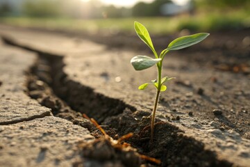 Young green plant emerging through cracked soil outdoors