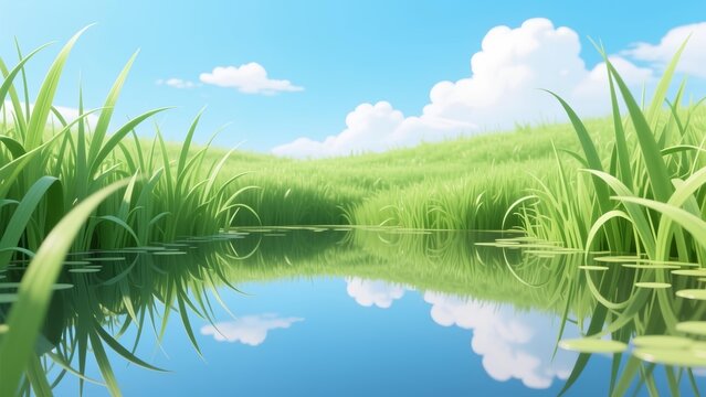 Serene cartoon landscape of a tranquil pond reflecting the blue sky in a lush green meadow
