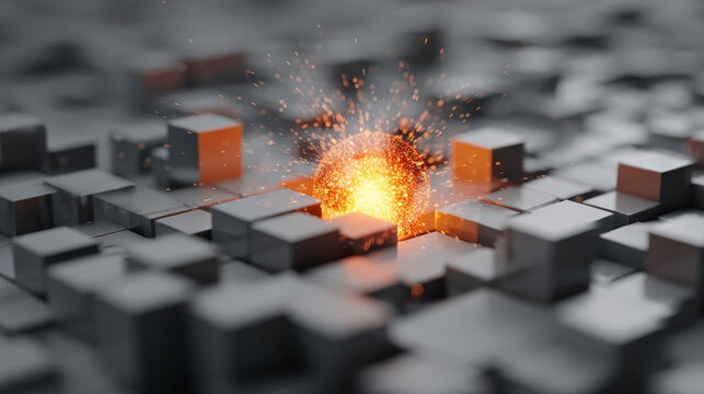Glowing Sphere Impacting a Field of Cubes with Sparks