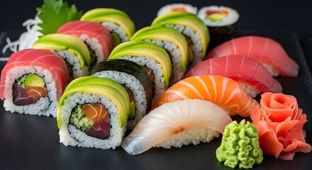 A colorful assortment of sushi rolls and nigiri pieces arranged on a black serving platter