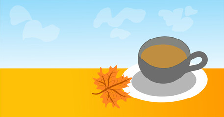 Cup of coffee with autumn maple leaf and cloudy sky background, warm cozy seasonal morning concept illustration.