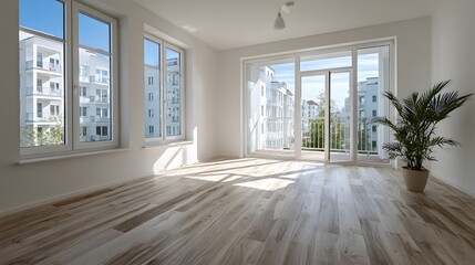 Obraz premium Newly renovated, empty apartment room with pristine white walls and light wood flooring. Sunlight streams through large windows, creating an open feel.