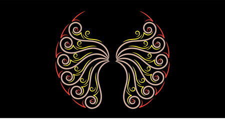 Elegant abstract wings pattern with golden swirls on black background, decorative vector art for luxury and fantasy design.