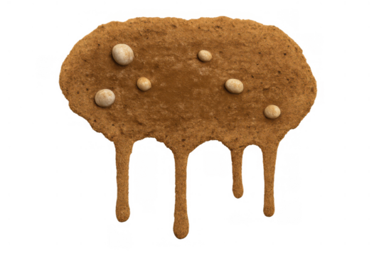 Dripping melted cookie dough with visible chips, offering a gooey sweet texture for food concepts, on a transparent background