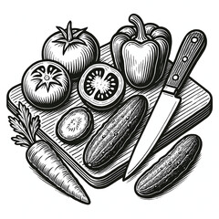 Black and white kitchen scene with a wooden cutting board, knife, and vegetables — perfect for engraving, prints, and creative projects