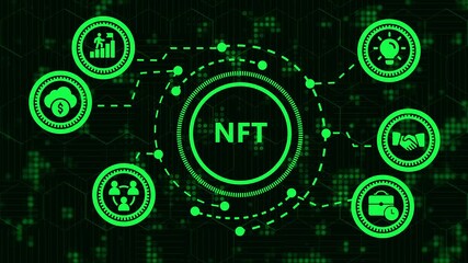 Futuristic nft concept with glowing green neon icons representing various aspects of nonfungible tokens, such as digital ownership, blockchain technology, and online investment - Powered by Adobe