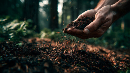 Organic compost breaking down into rich, fertile soil, symbolizing renewal, sustainability, life cycles, and the natural process of growth and regeneration.
