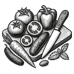 Black and white kitchen scene with a wooden cutting board, knife, and vegetables — perfect for engraving, prints, and creative projects