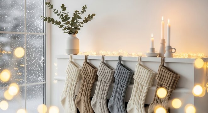 Six stockings hang on a white mantel decorated with candles and lights next to a snowy window - Powered by Adobe