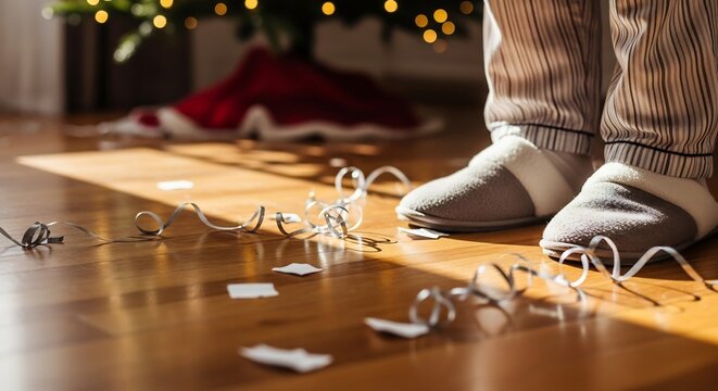 Slippers  pajamas stand amid a postholiday mess of ribbons and paper scraps near a Christmas tree