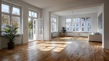 Obraz premium Newly renovated, empty apartment room with pristine white walls and light wood flooring. Sunlight streams through large windows, creating an open feel.