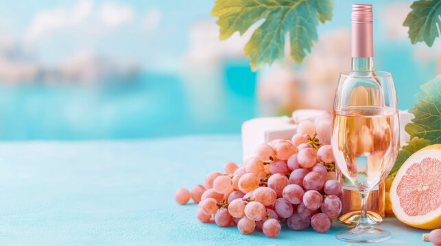 Elegant bottle and glass of refreshing rose wine with fresh red grapes, juicy grapefruit and vibrant vine leaves on light blue background, perfect for summer celebration or relaxed tasting