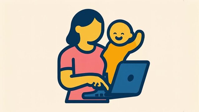 Multitasking parent with laptop icon