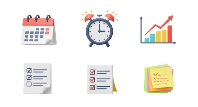 Organized planner, alarm clock, and growth chart icons symbolize time management and productivity.