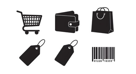 Collection of black shopping icons representing commerce and retail