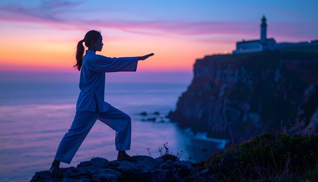 Person Practicing Tai Chi on Cliff at Sunrise