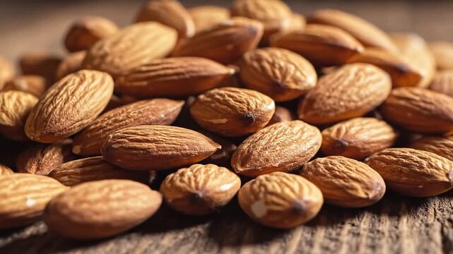 Closeup of a pile of raw almonds on a wooden surface ready for snacking or baking.