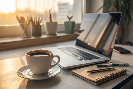 A coffee cup beside an open laptop in a morning workspace setting - Powered by Adobe