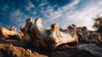 Weathered animal bones lie scattered on dry earth beneath a dramatic sky during golden hour