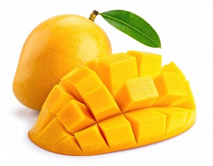 Ripe Yellow Mango with Cubed Pieces and Leaf