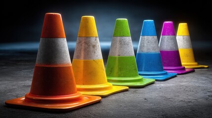 Colorful Traffic Cones Lined Up on Concrete Surface