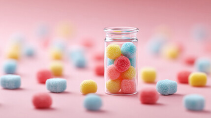 Colorful candies in a jar on a soft pink backdrop evoke fun and childhood. Perfect for illustrating themes of joy, sweetness, or indulgence in a playful style.