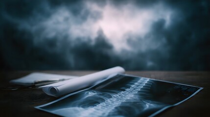 A spine X ray and medical documents on a wooden desk under a dramatic cloudy sky suggesting serious medical diagnosis and analysis