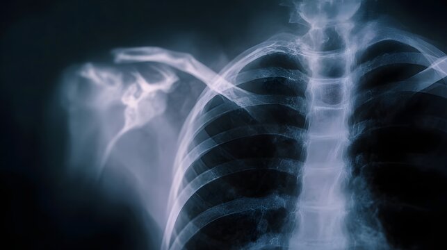 Radiographic image of human chest and shoulder bones showcasing skeletal anatomy and joint structures