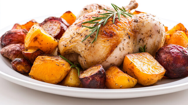 Whole roasted chicken, golden brown and seasoned with rosemary, surrounded by roasted vegetables and root potatoes.