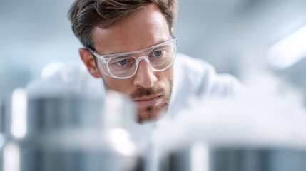 A focused scientist wearing safety glasses intently examines something in a laboratory setting. Represents research, innovation, medicine, and healthcare.