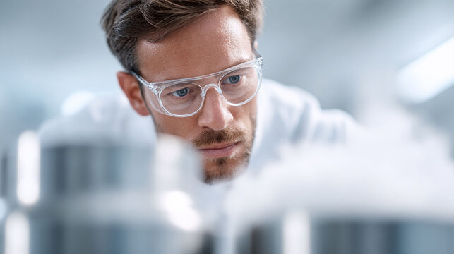 A focused scientist wearing safety glasses intently examines something in a laboratory setting. Represents research, innovation, medicine, and healthcare. - Powered by Adobe