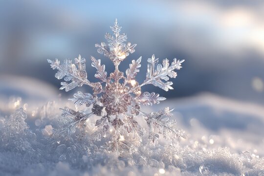 Photorealistic Snowflake on Snow in Winter Landscape