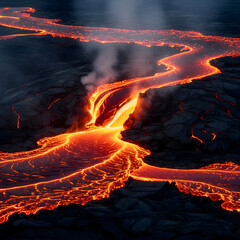 Aerial view of a river of molten lava flowing across a volcanic landscape