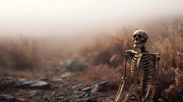 A solitary skeleton sits in a desolate foggy outdoor landscape