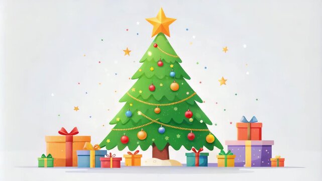 Christmas tree with gifts in cartoon style on white background